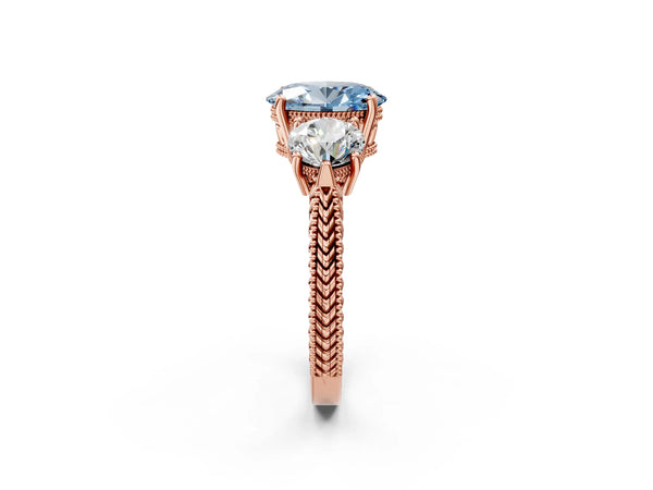 Rose Gold Oval Vintage Three Stone Engagement Ring Setting for Fancy Blue Center