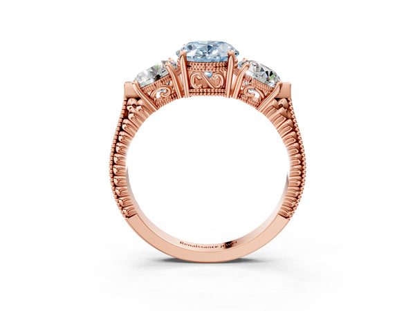 Rose Gold Oval Vintage Three Stone Engagement Ring Setting for Fancy Blue Center