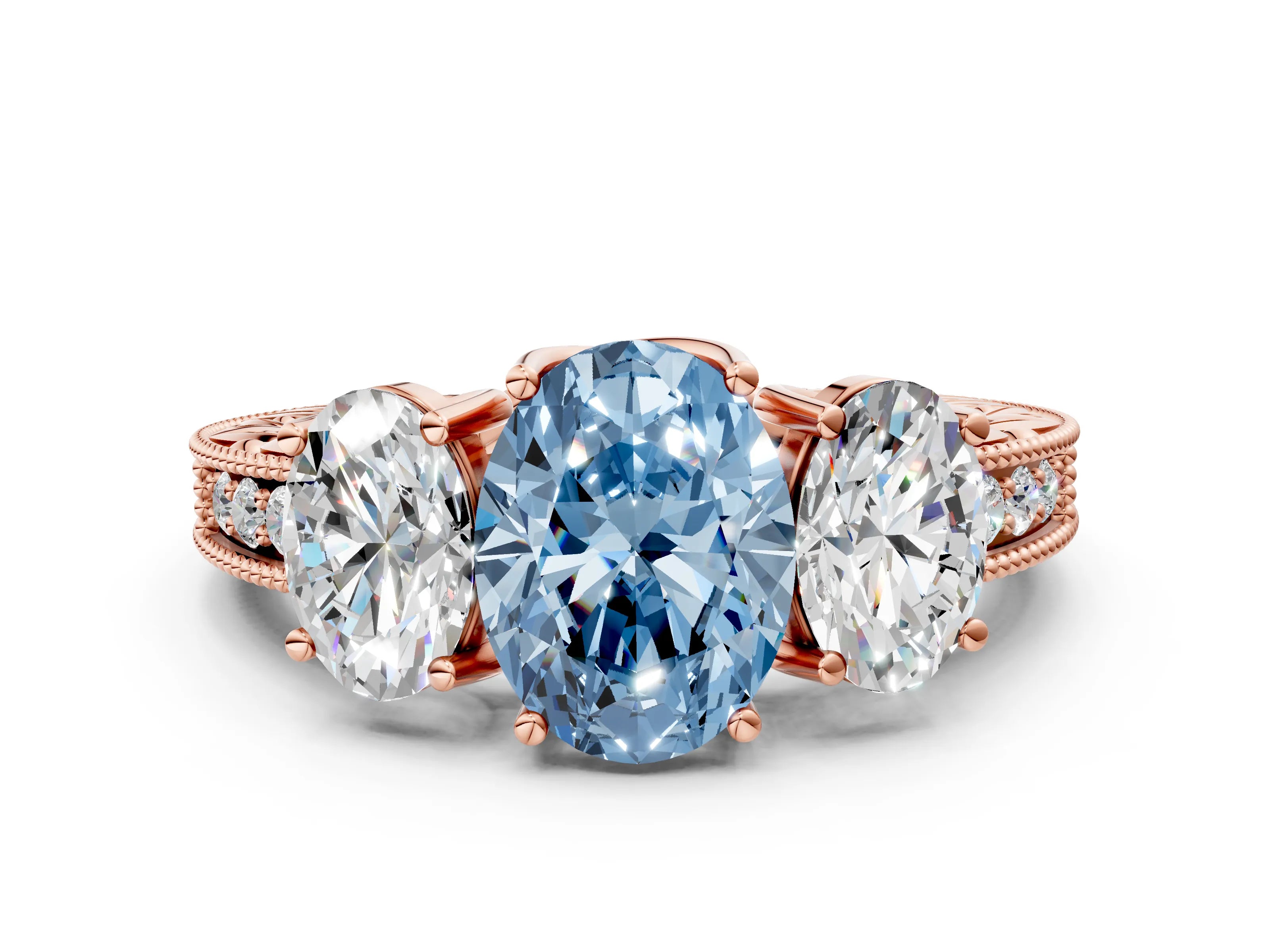 Rose gold Three-Stone Fancy Blue Oval Cut Cut Milgrain Pavé Engagement Ring