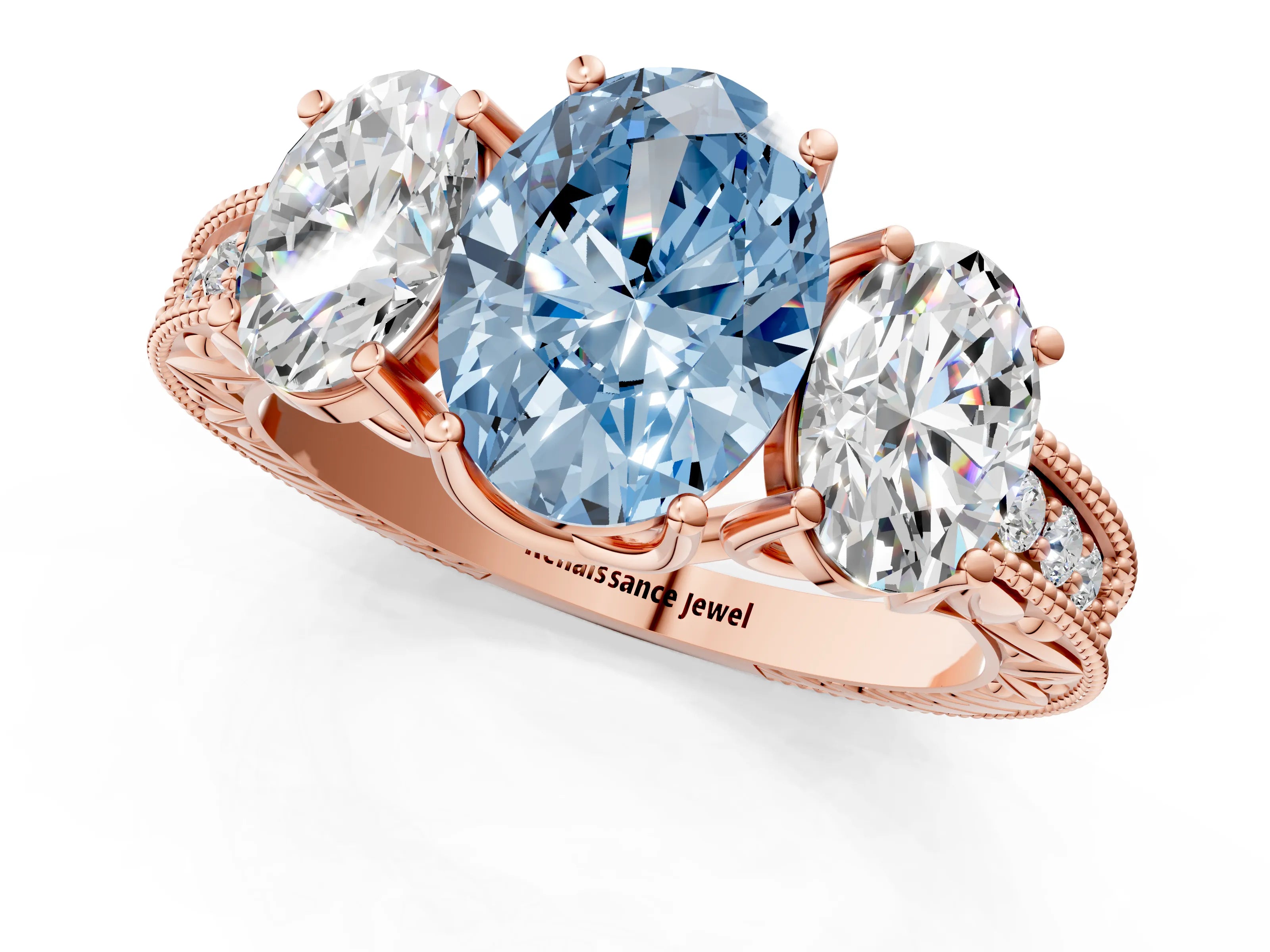 Rose gold Three-Stone Fancy Blue Oval Cut Cut Milgrain Pavé Engagement Ring_1