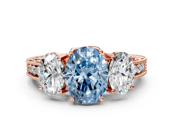 Rose Gold Oval Engraved Three Stone Engagement Ring Setting for Fancy Blue Center