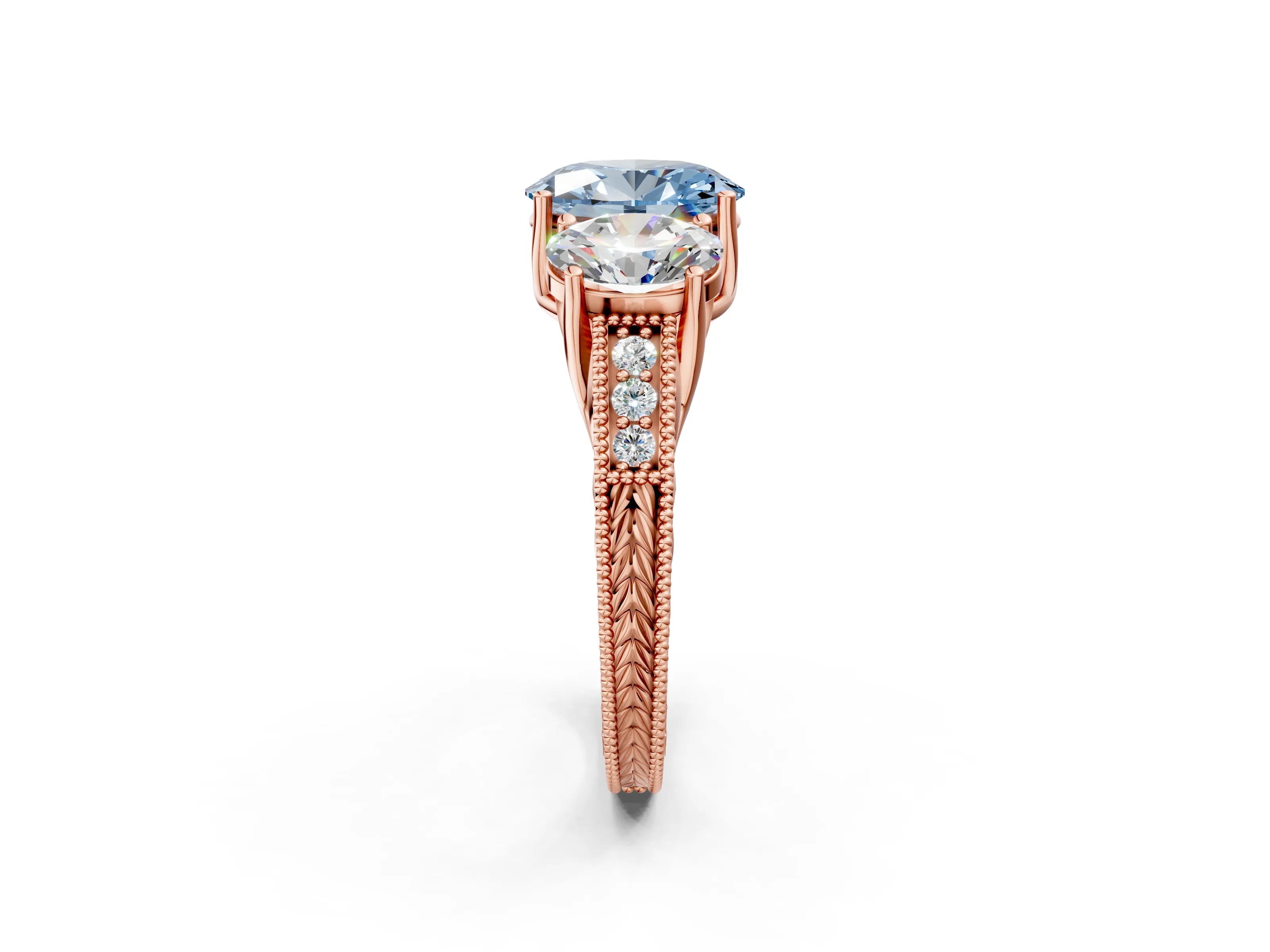 Rose gold Three-Stone Fancy Blue Oval Cut Cut Milgrain Pavé Engagement Ring_14