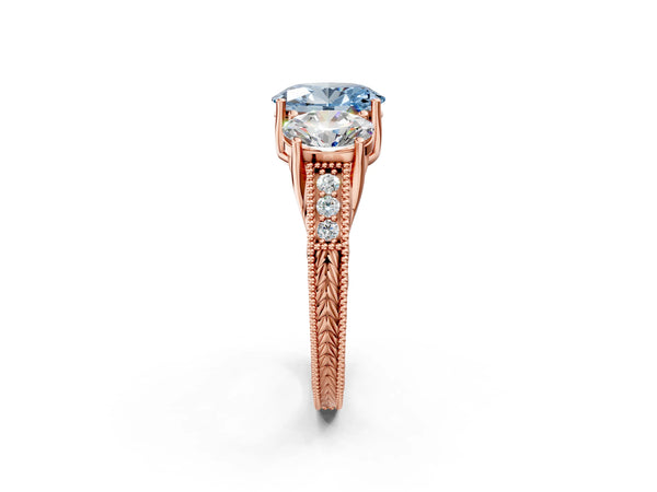 Rose Gold Oval Engraved Three Stone Engagement Ring Setting for Fancy Blue Center
