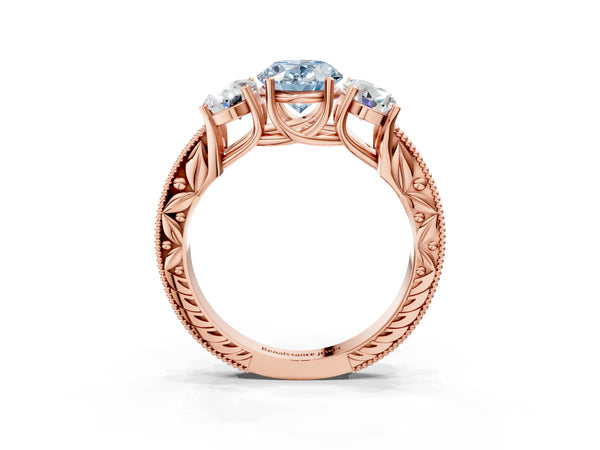 Rose Gold Oval Engraved Three Stone Engagement Ring Setting for Fancy Blue Center