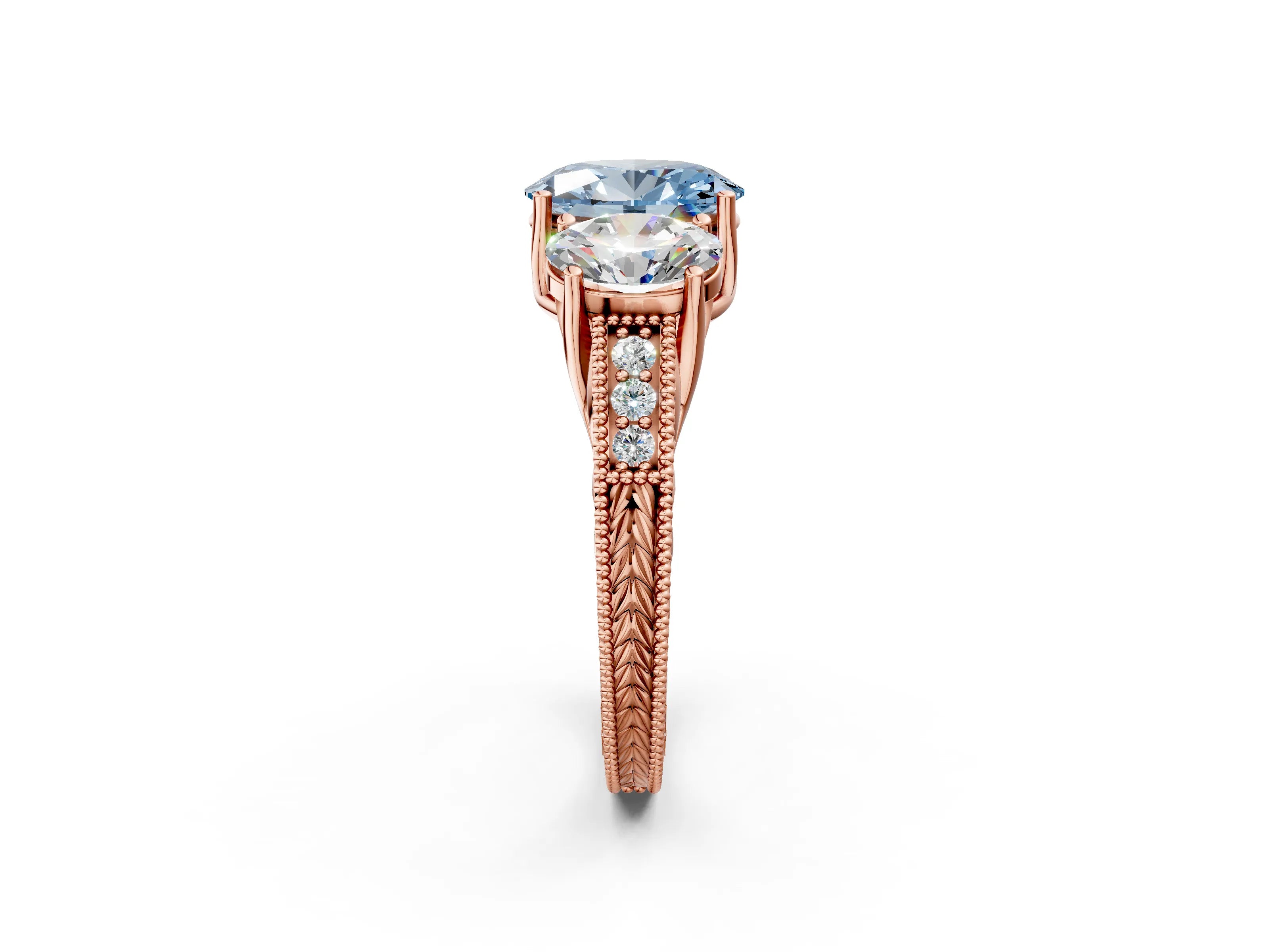 Rose gold Three-Stone Fancy Blue Oval Cut Cut Milgrain Pavé Engagement Ring_2