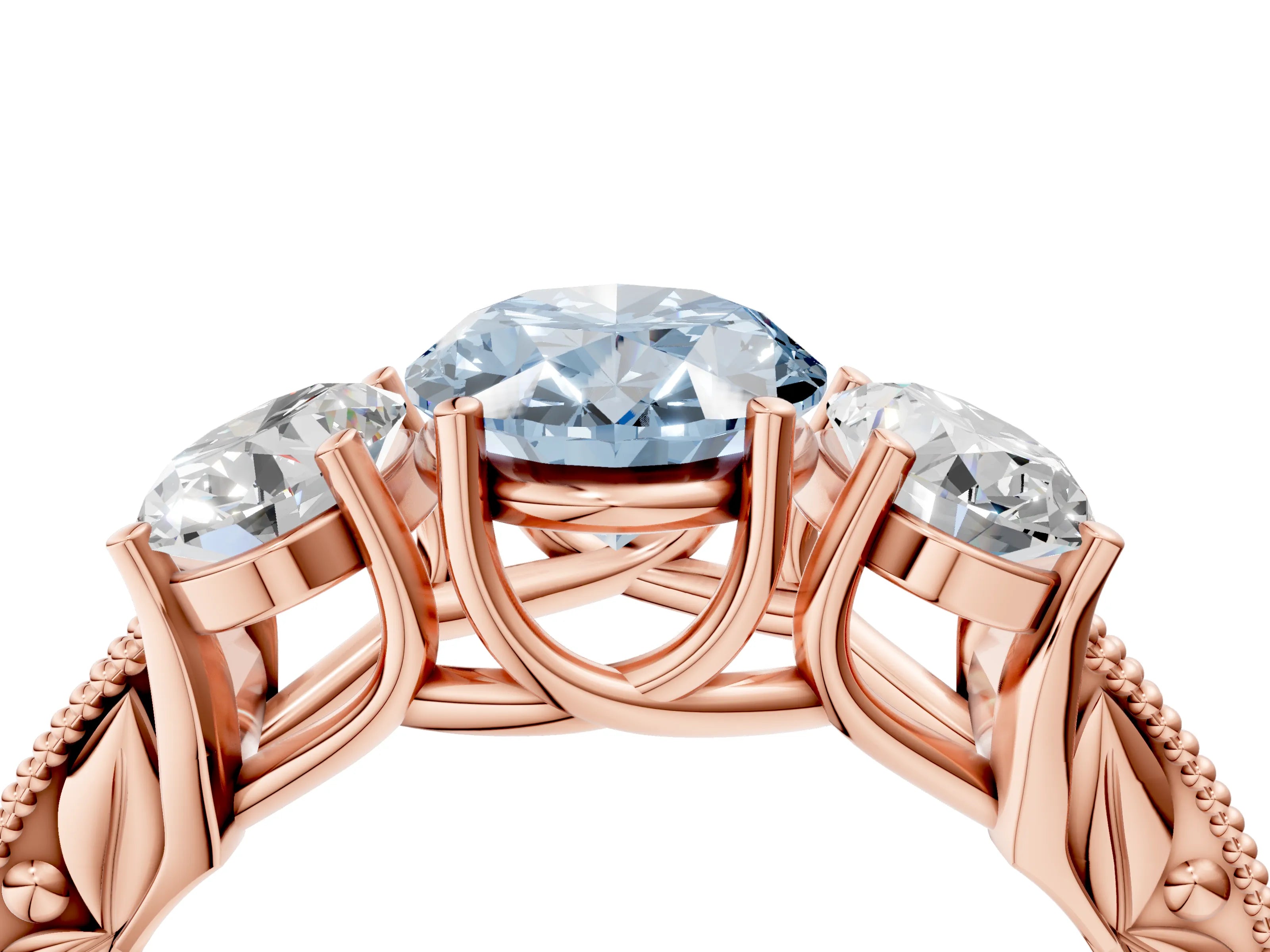 Rose gold Three-Stone Fancy Blue Oval Cut Cut Milgrain Pavé Engagement Ring_4