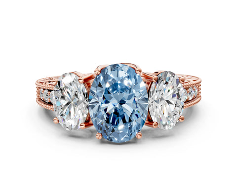 Rose gold Three-Stone Fancy Blue Oval Cut Cut Milgrain Pavé Engagement Ring