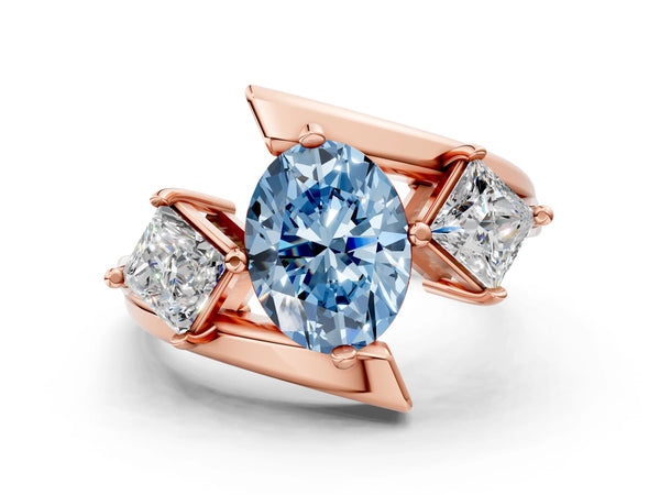 Rose gold Three-Stone Fancy Blue Oval Cut Cut Tension Band Ring with Four-Prong Setting