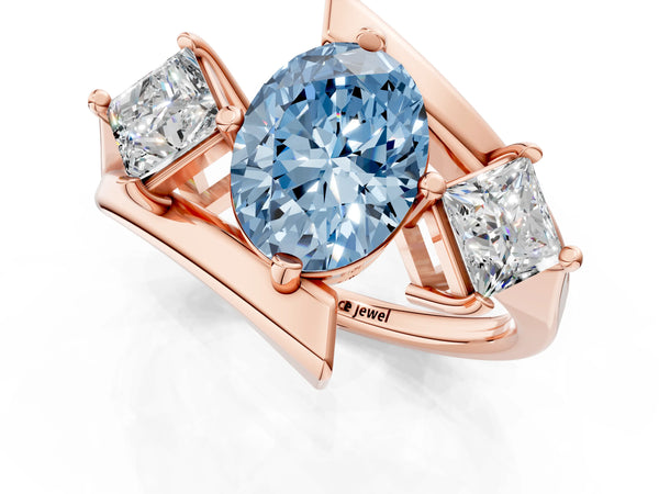 Rose gold Three-Stone Fancy Blue Oval Cut Cut Tension Band Ring with Four-Prong Setting