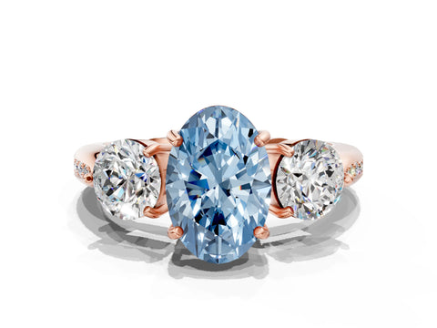 Rose gold Three-Stone Fancy Blue Oval Cut Diamond Channel Set Engagement Ring with Prong Setting