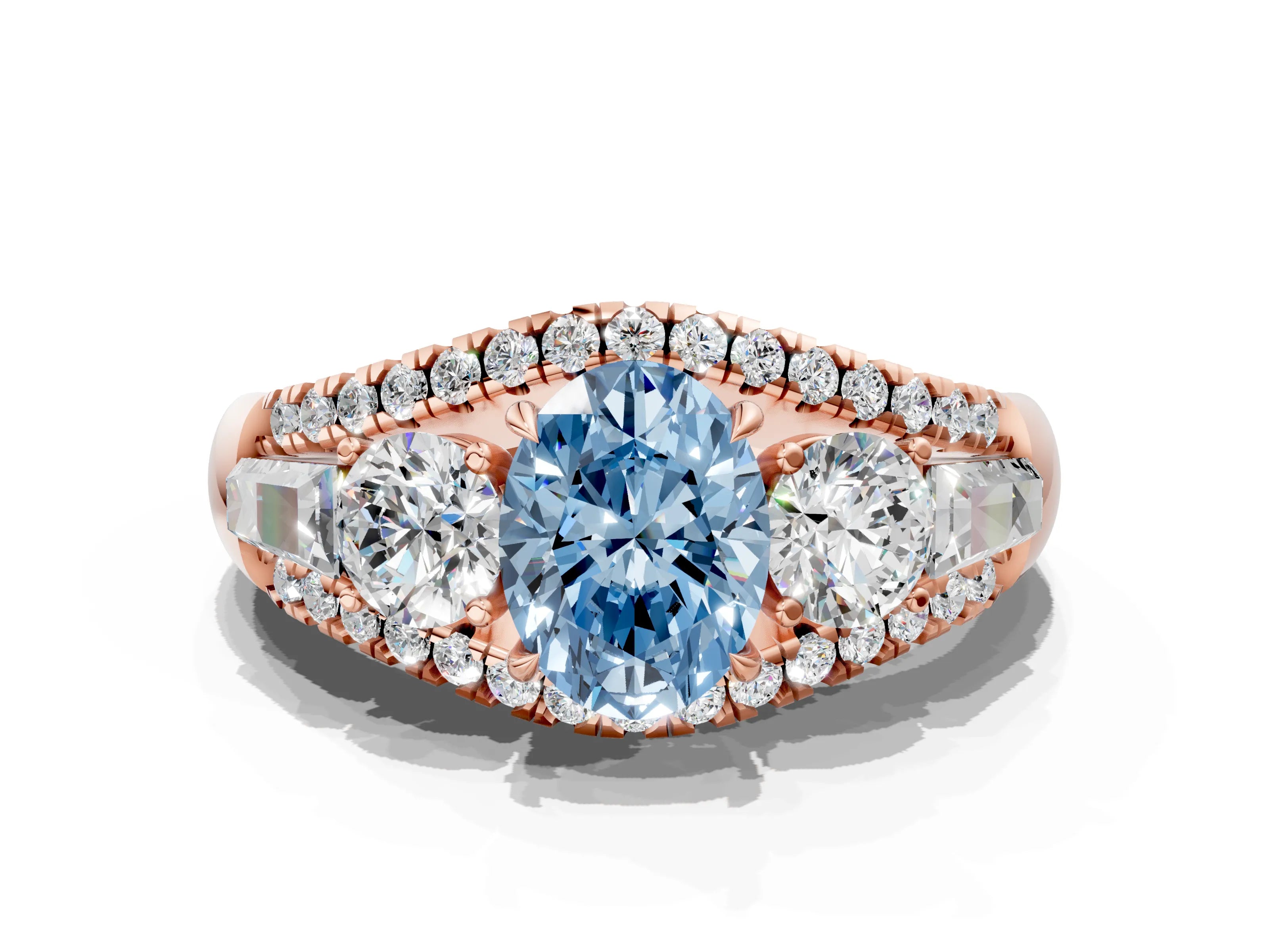 Rose gold Three-Stone Fancy Blue Oval Cut Diamond Engagement Ring with Pave Band and Prong Setting