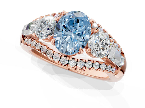 Rose gold Three-Stone Fancy Blue Oval Cut Diamond Engagement Ring with Pave Band and Prong Setting_1