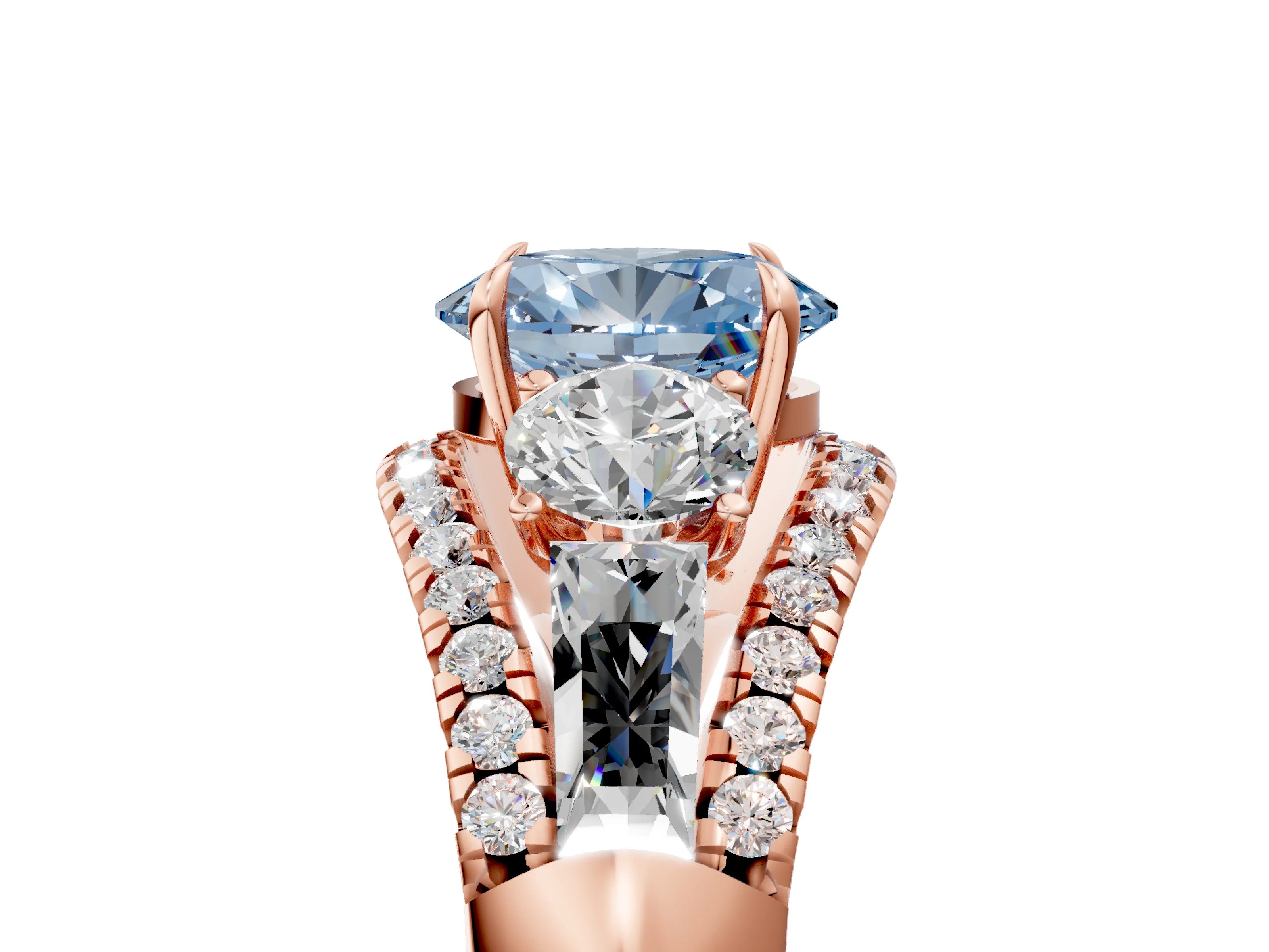 Rose gold Three-Stone Fancy Blue Oval Cut Diamond Engagement Ring with Pave Band and Prong Setting_5