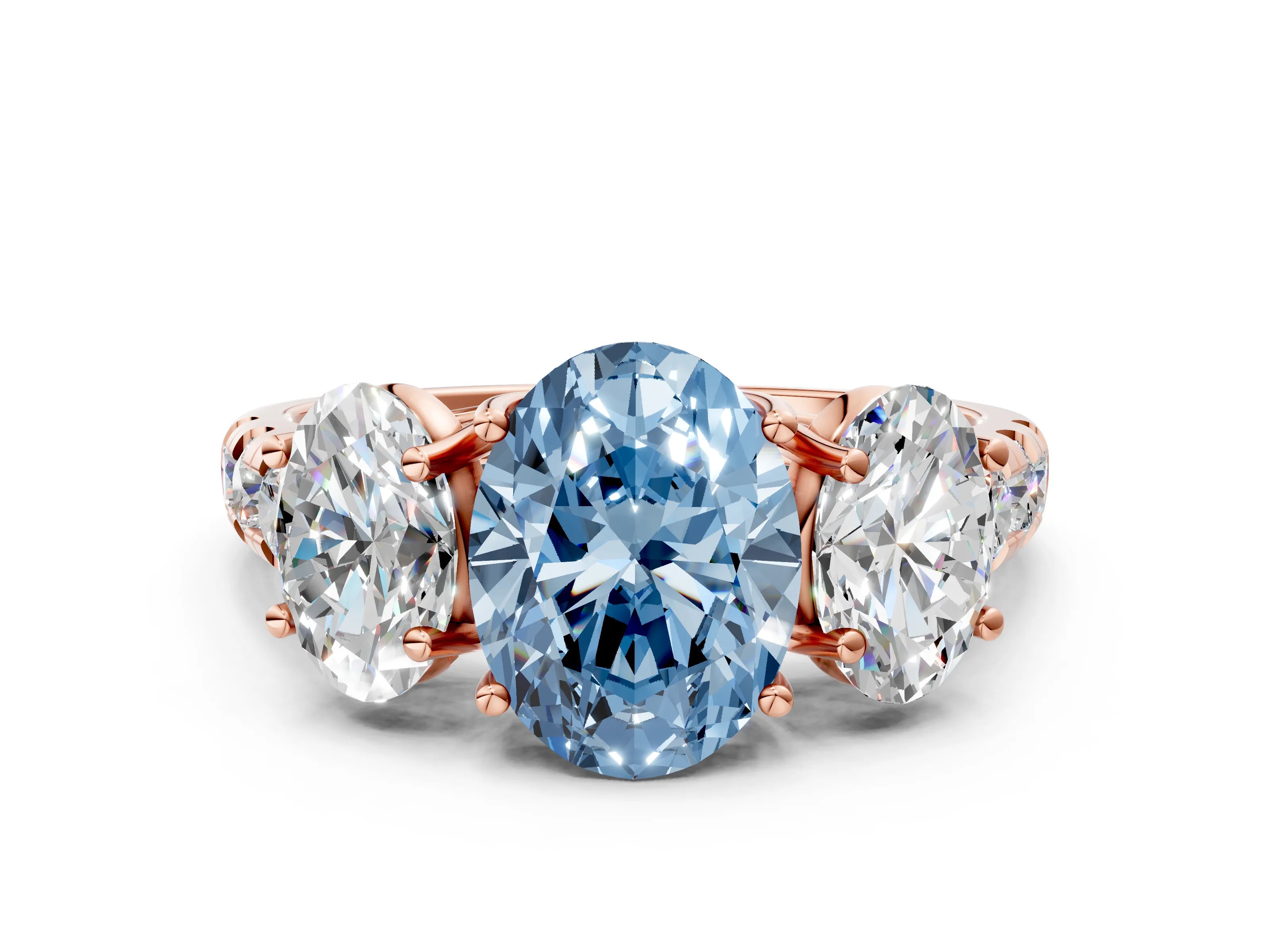 Rose gold Three-Stone Fancy Blue Oval Cut Diamond Pavé Band with Prong Setting