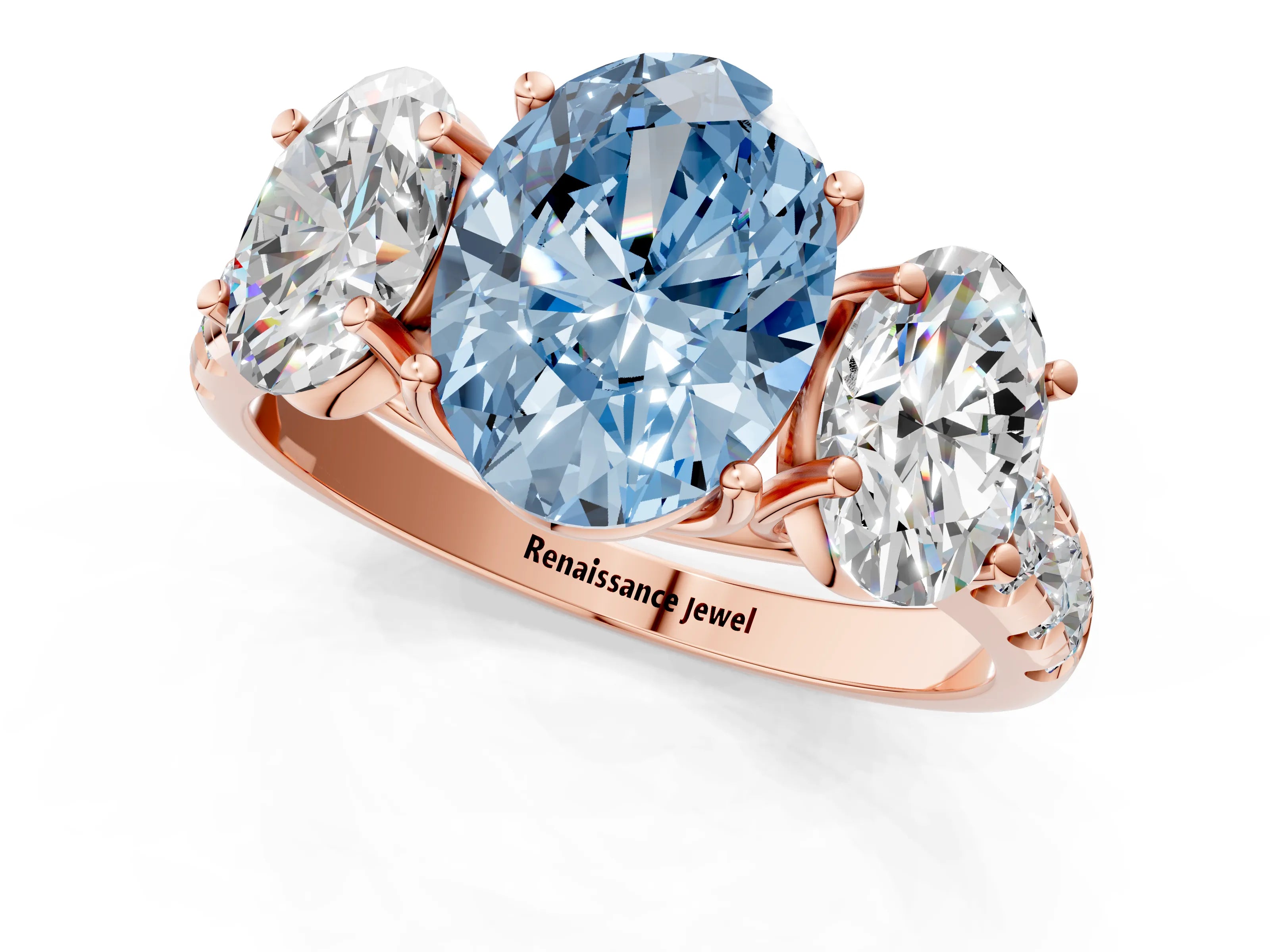 Rose gold Three-Stone Fancy Blue Oval Cut Diamond Pavé Band with Prong Setting_1