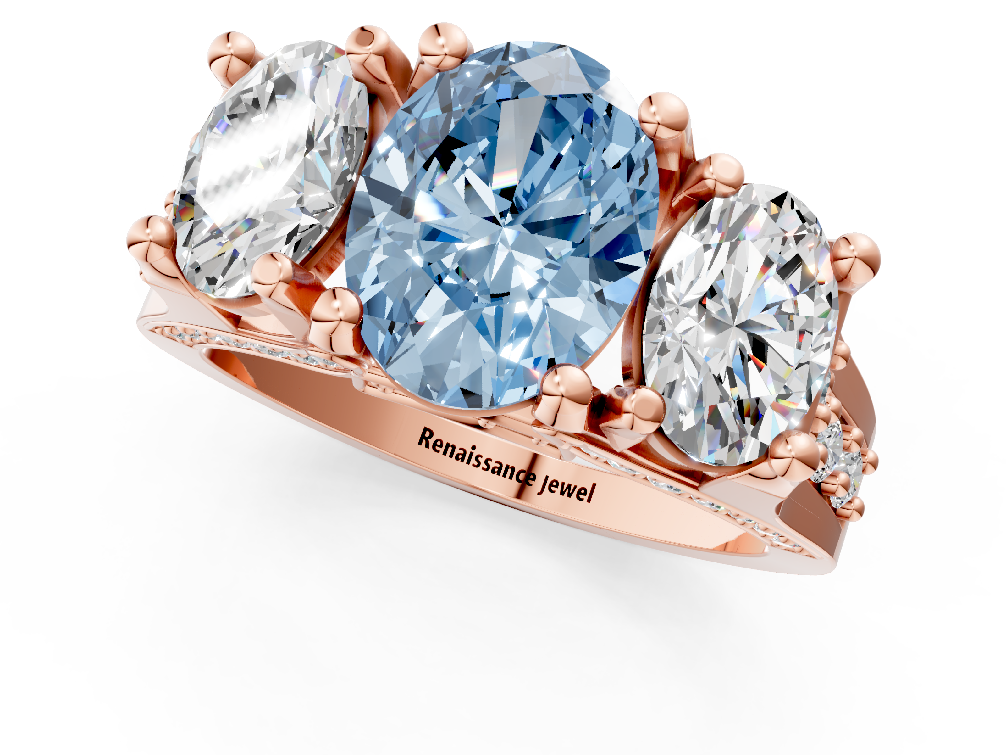 Rose gold Three-Stone Fancy Blue Oval  Cut Diamond Ring with Channel-Set Band and Four-Prong Setting_36