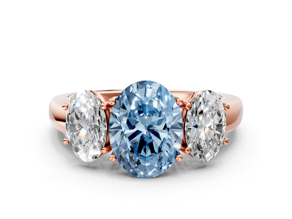 Rose gold Fancy Blue Oval Cut Diamond Three-Stone Ring with Four-Prong Setting and Classic Band
