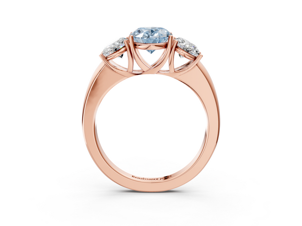 Rose gold Fancy Blue Oval Cut Diamond Three-Stone Ring with Four-Prong Setting and Classic Band