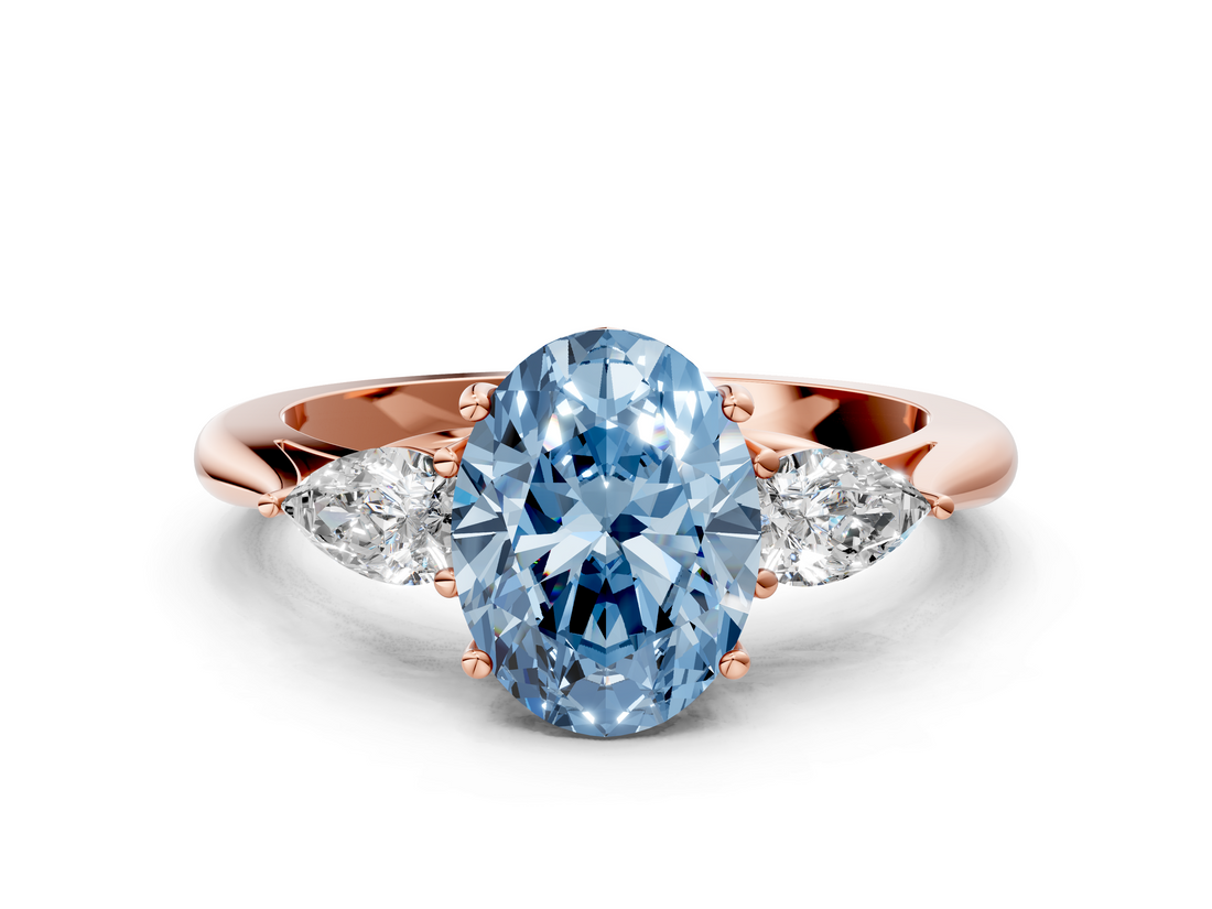 Rose gold Three-Stone Fancy Blue Oval  Cut Diamond Ring with Pear Side Stones in Four-Prong Setting_108