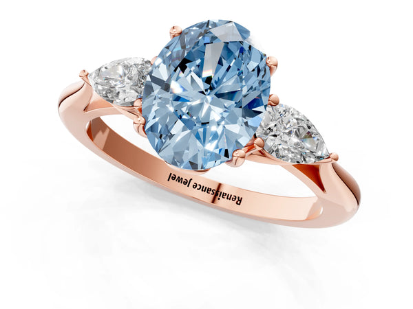 Rose Gold Oval Three Stone Engagement Ring Setting for Fancy Blue Center with Pear Side Stones