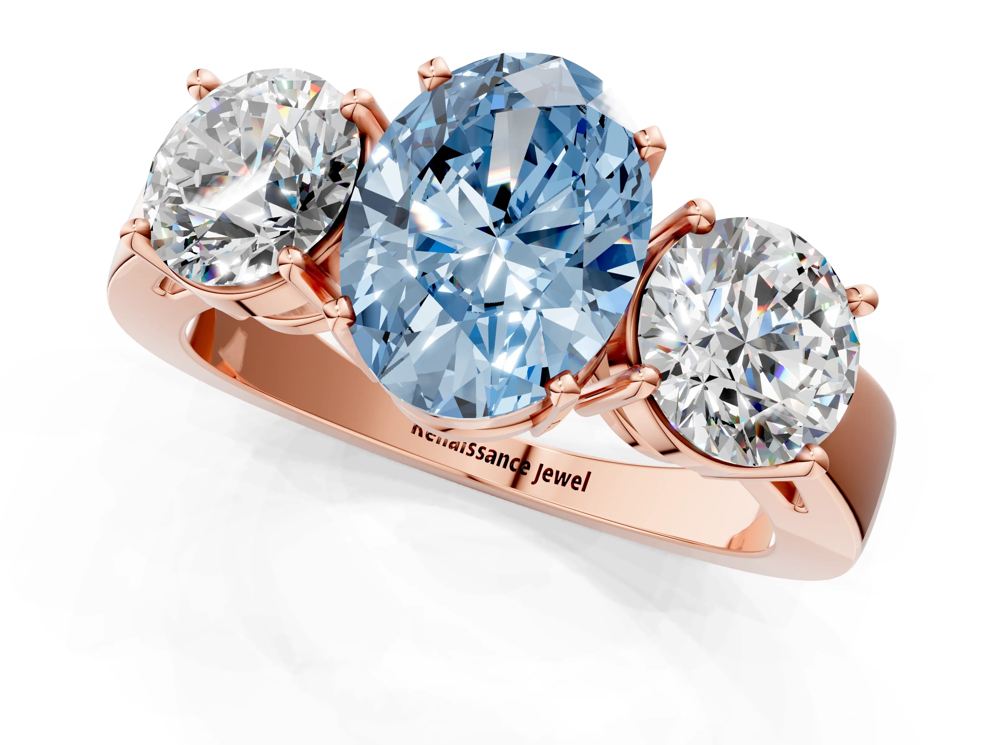 Rose gold Three-Stone Fancy Blue Oval Cut Diamond Ring with Round Side Stones, Classic Band, and Four-Prong Setting_1