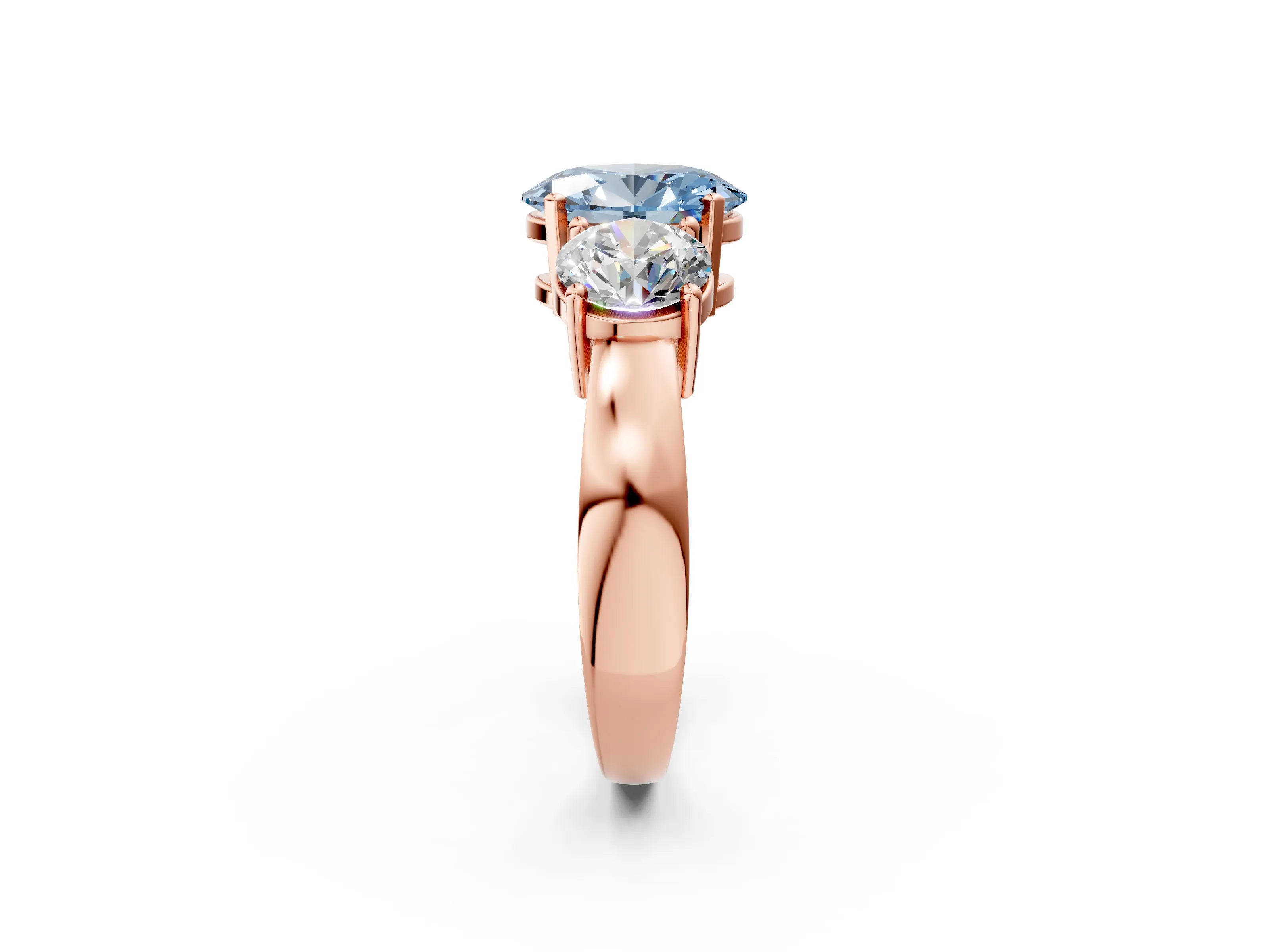 Rose gold Three-Stone Fancy Blue Oval Cut Diamond Ring with Round Side Stones, Classic Band, and Four-Prong Setting_2