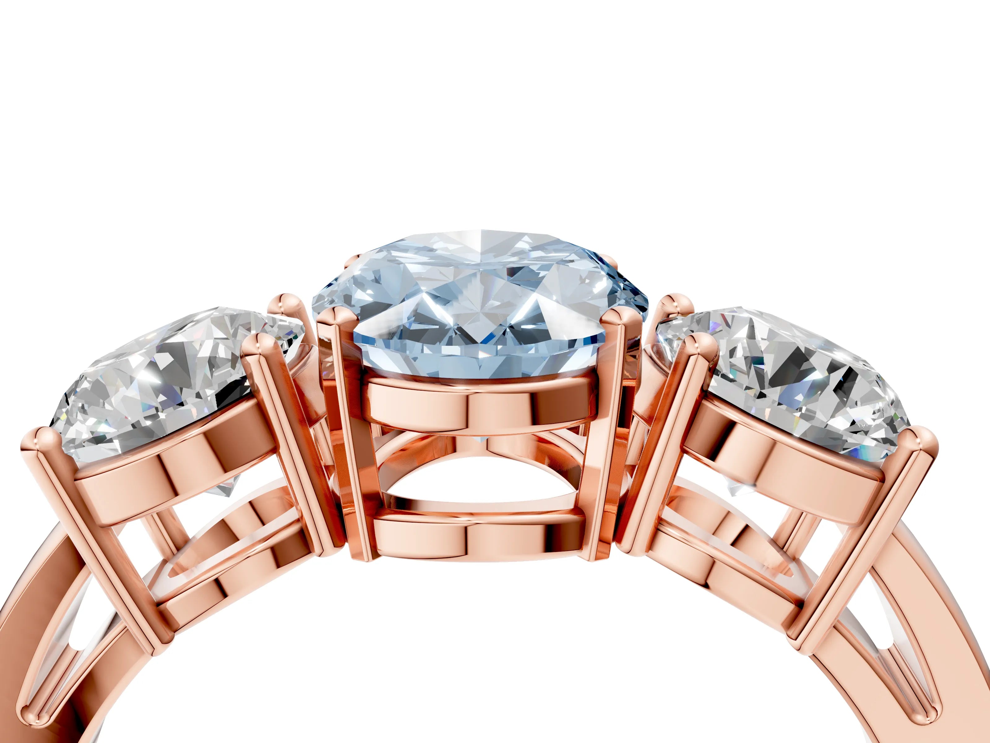 Rose gold Three-Stone Fancy Blue Oval Cut Diamond Ring with Round Side Stones, Classic Band, and Four-Prong Setting_4