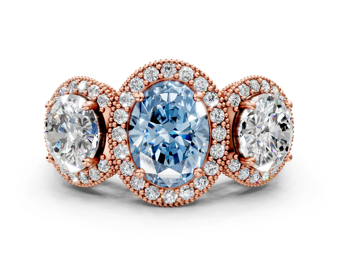 Rose gold Three-Stone Fancy Blue Oval Cut Halo Diamond Milgrain Band with Four-Prong Setting