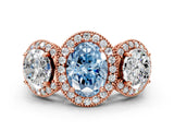 Rose gold Three-Stone Fancy Blue Oval Cut Halo Diamond Milgrain Band with Four-Prong Setting