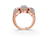 Rose gold Three-Stone Fancy Blue Oval Cut Halo Diamond Milgrain Band with Four-Prong Setting_3