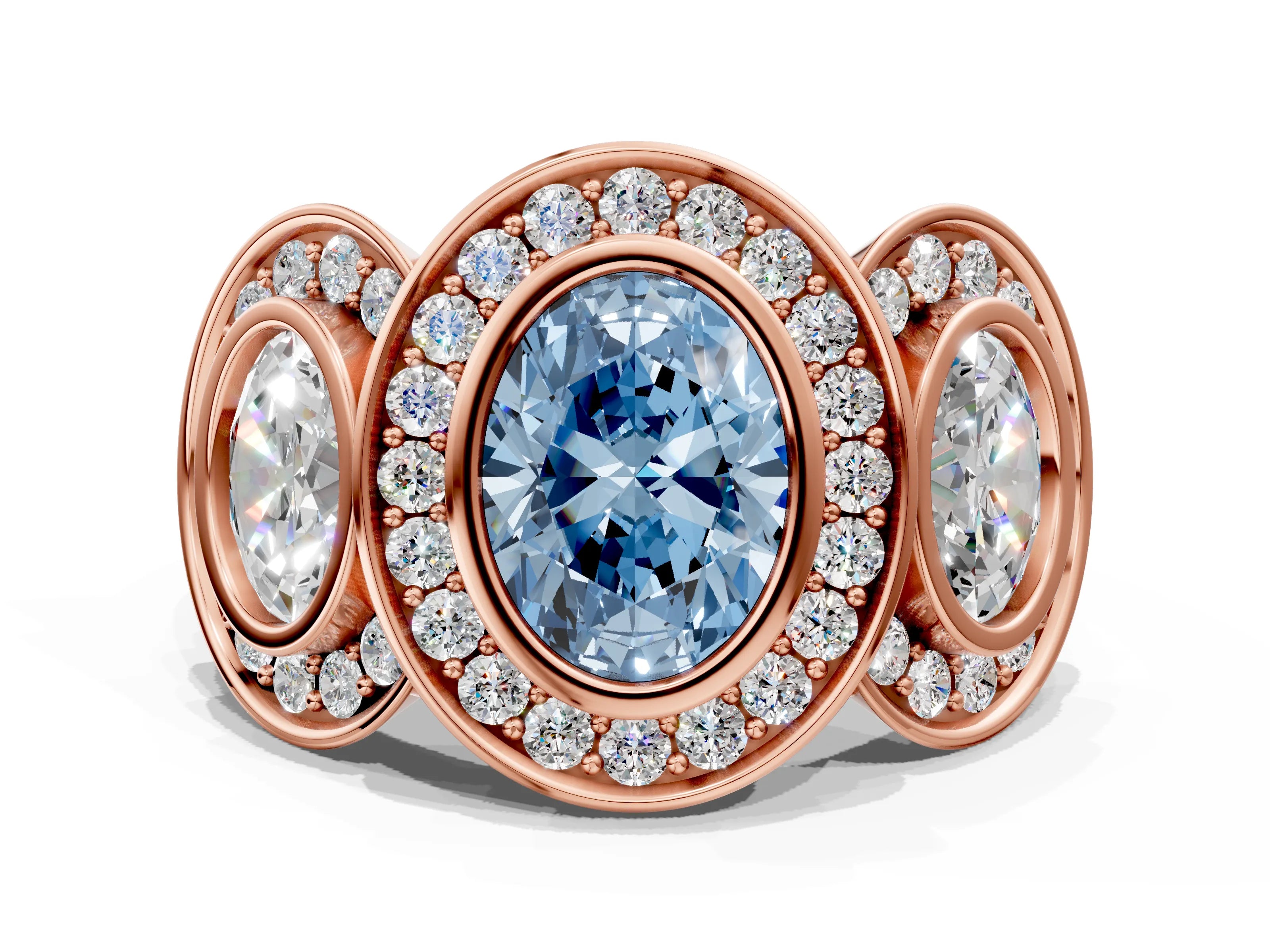 Rose gold Three-Stone Fancy Blue Oval Cut Halo Pavé Diamond Ring