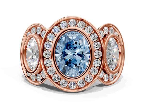 Rose gold Three-Stone Fancy Blue Oval Cut Halo Pavé Diamond Ring