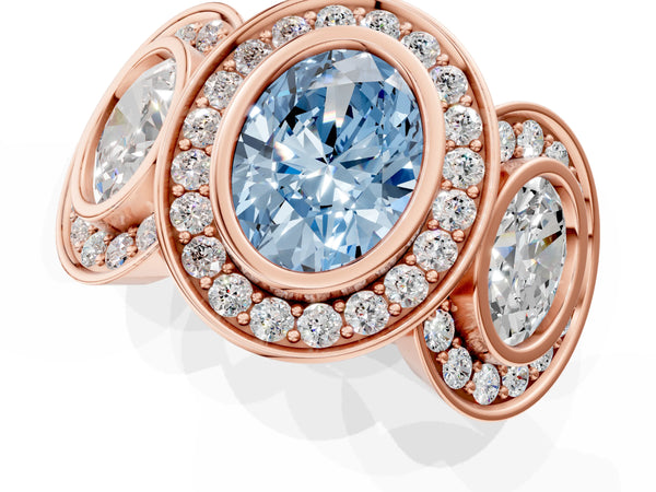 Rose gold Three-Stone Fancy Blue Oval Cut Halo Pavé Diamond Ring