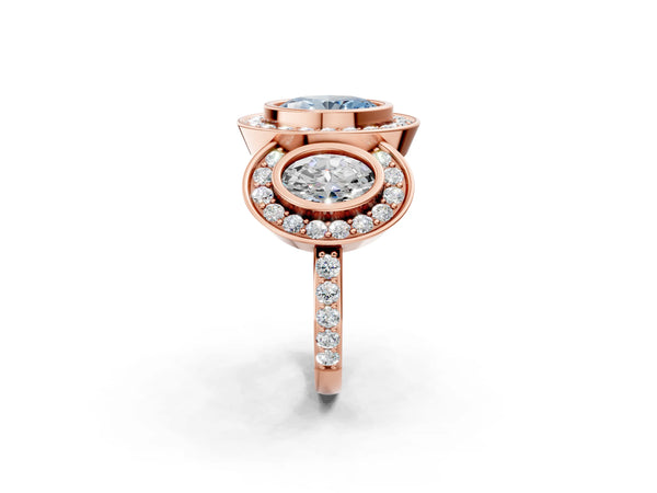 Rose gold Three-Stone Fancy Blue Oval Cut Halo Pavé Diamond Ring