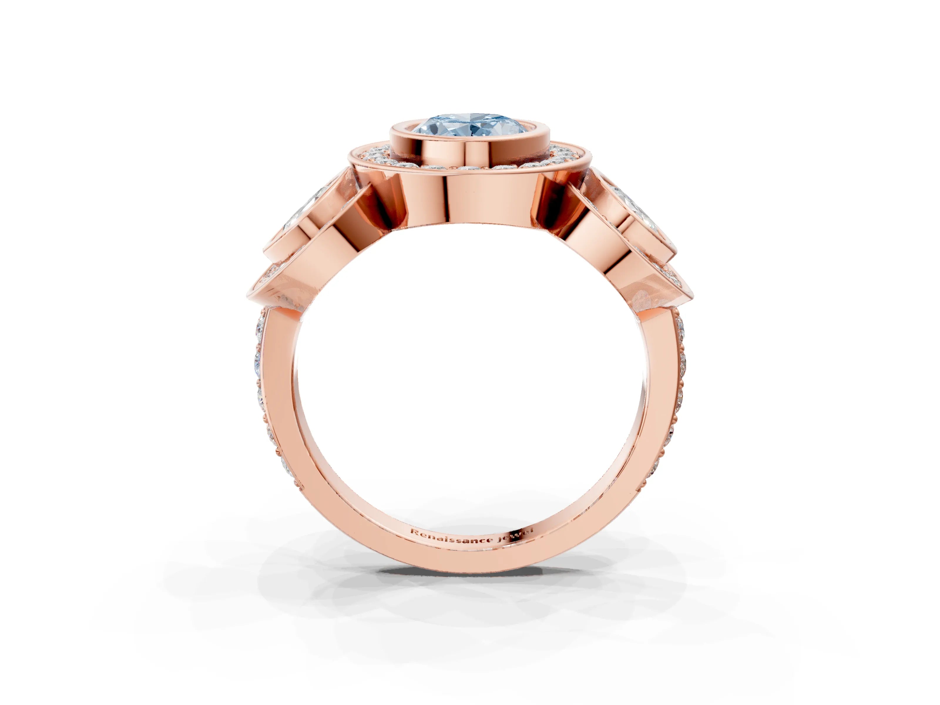 Rose gold Three-Stone Fancy Blue Oval Cut Halo Pavé Diamond Ring_3