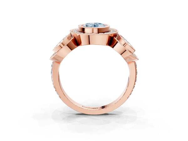 Rose gold Three-Stone Fancy Blue Oval Cut Halo Pavé Diamond Ring