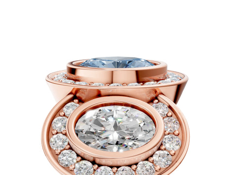 Rose gold Three-Stone Fancy Blue Oval Cut Halo Pavé Diamond Ring_5