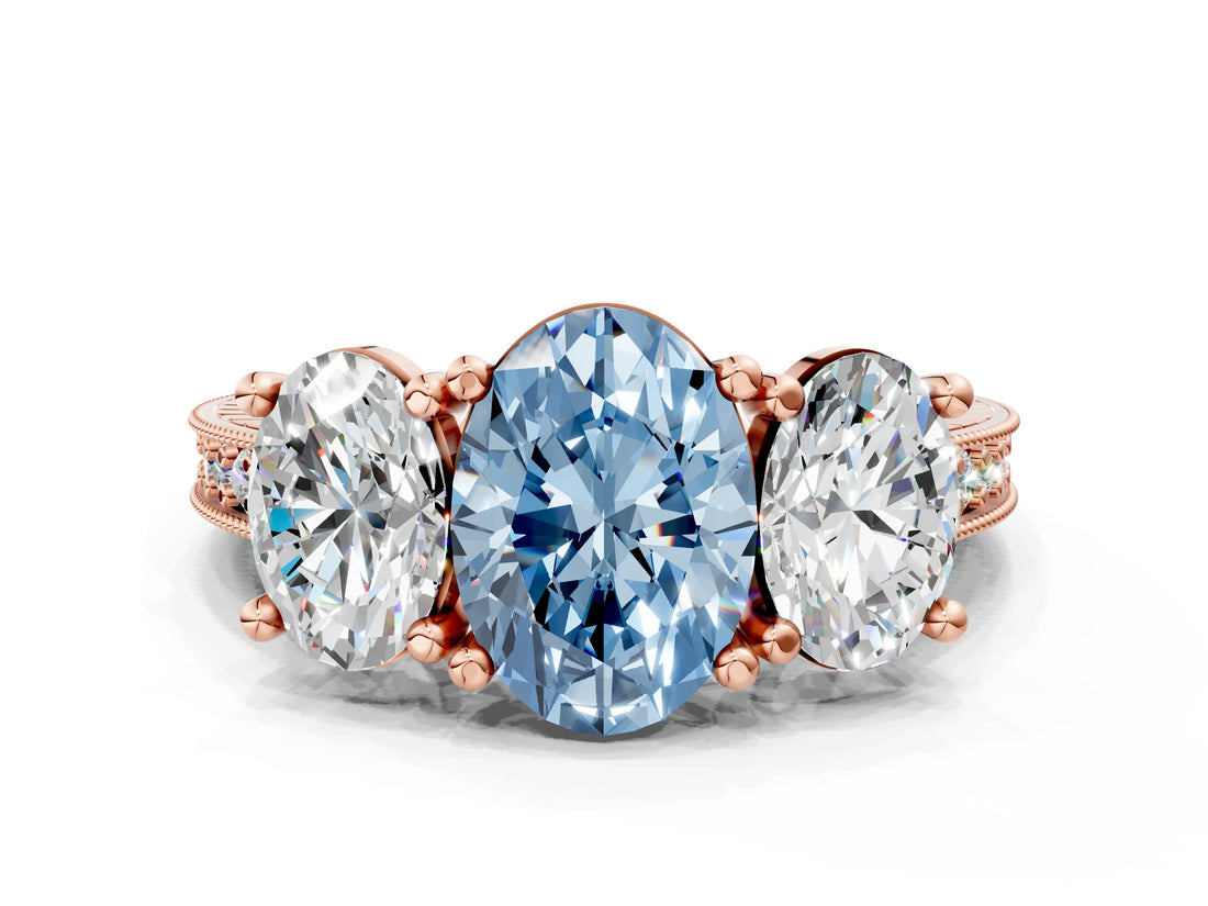 Rose gold Three-Stone Fancy Blue Oval  Diamond Milgrain Pave Band with Prong Setting 1
