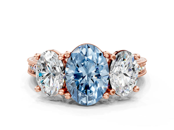 Rose gold Three-Stone Fancy Blue Oval  Diamond Milgrain Pave Band with Prong Setting