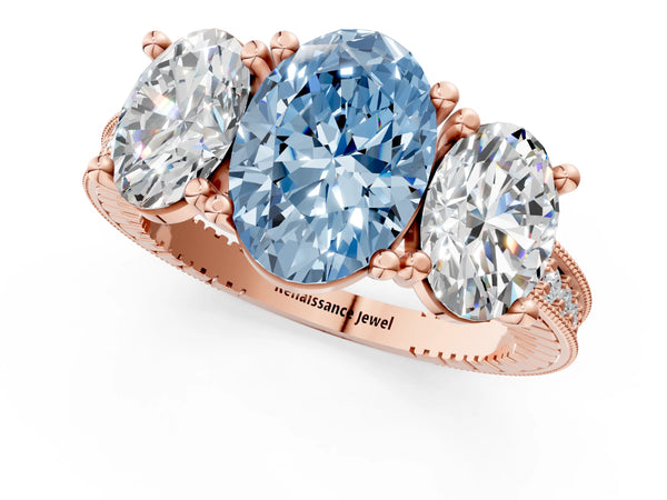 Rose gold Three-Stone Fancy Blue Oval  Diamond Milgrain Pave Band with Prong Setting