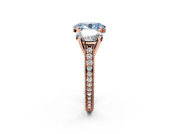 Rose gold Three-Stone Fancy Blue Oval  Diamond Milgrain Pave Band with Prong Setting