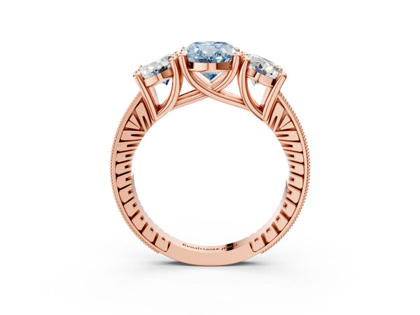Rose gold Three-Stone Fancy Blue Oval  Diamond Milgrain Pave Band with Prong Setting