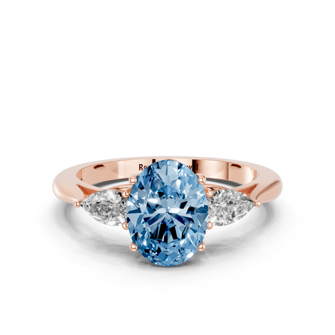 Rose gold Three-Stone Fancy Blue Oval  Diamond Solitaire Ring with Pear Side Stones and Four-Prong Setting_14