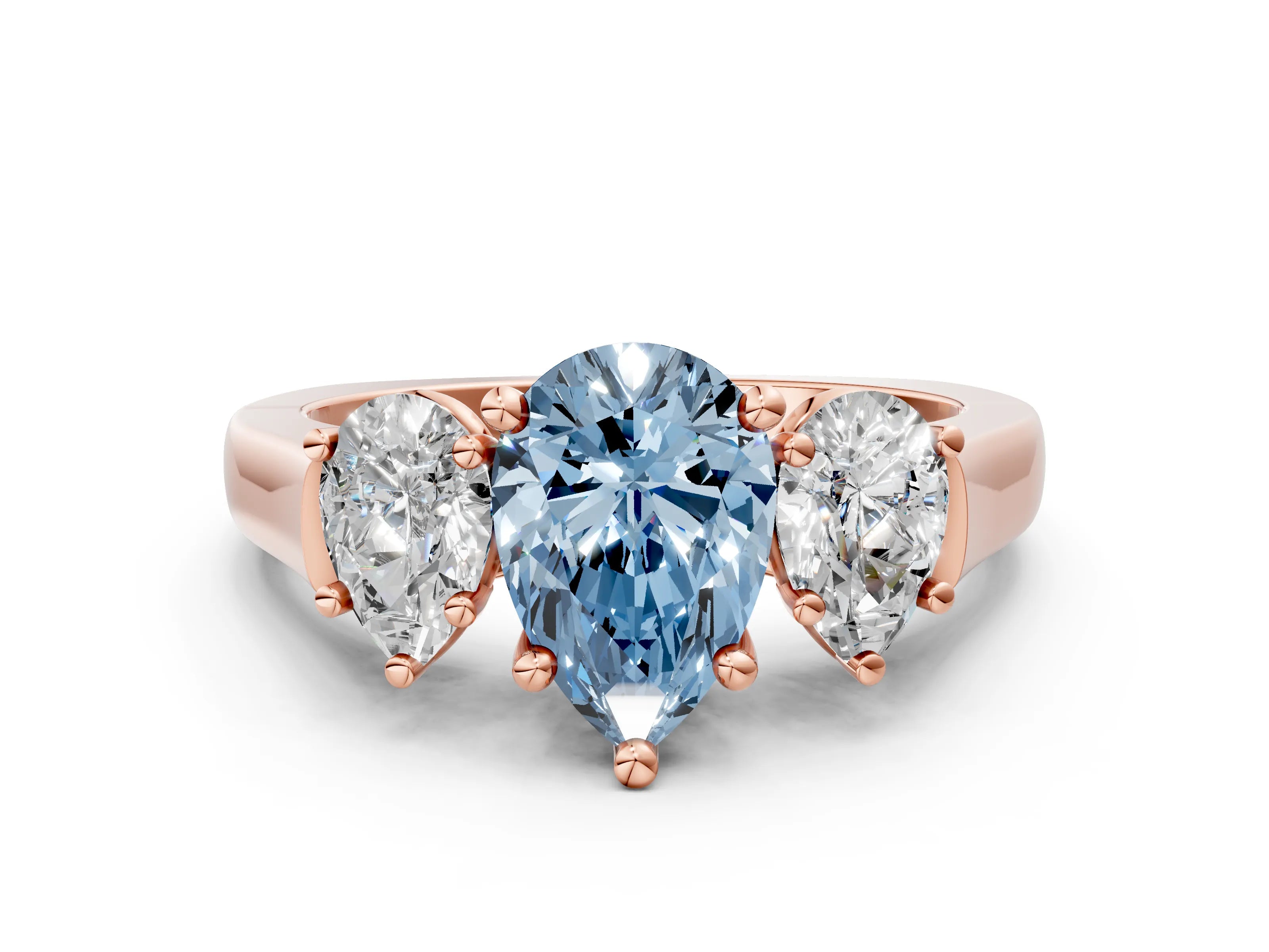 Rose gold Three-Stone Fancy Blue Pear Cut Brilliant Diamond Trellis Ring with Comfort Fit Band