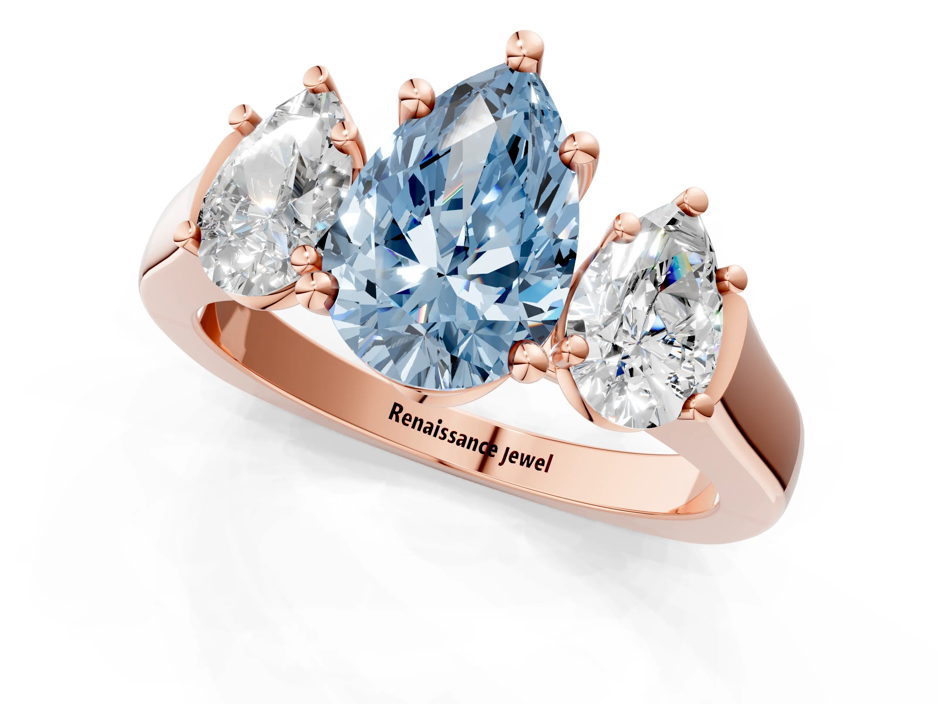 Rose gold Three-Stone Fancy Blue Pear Cut Brilliant Diamond Trellis Ring with Comfort Fit Band_1