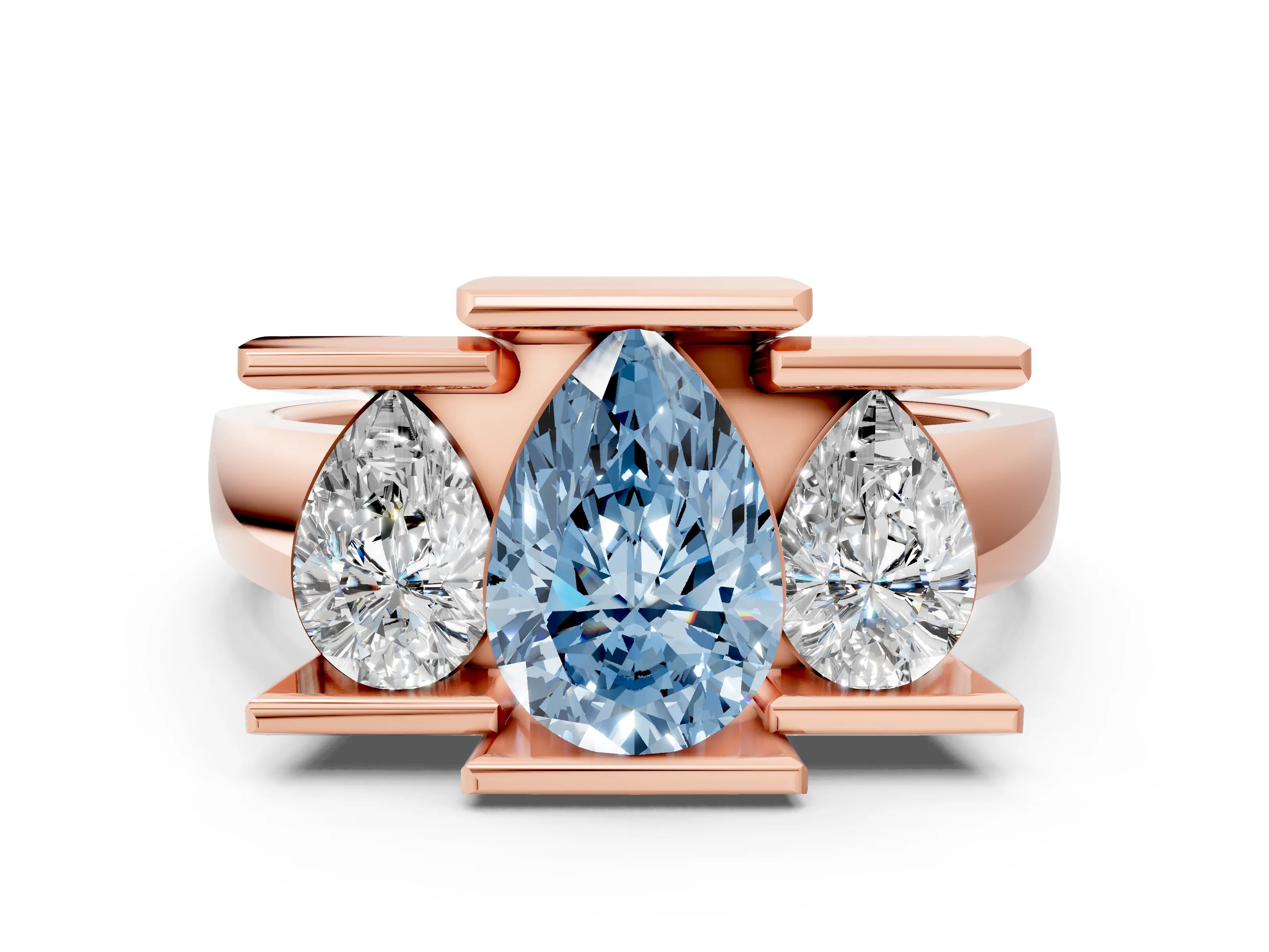 Rose gold Three Stone Fancy Blue Pear Cut Cut Channel Set Diamond Ring