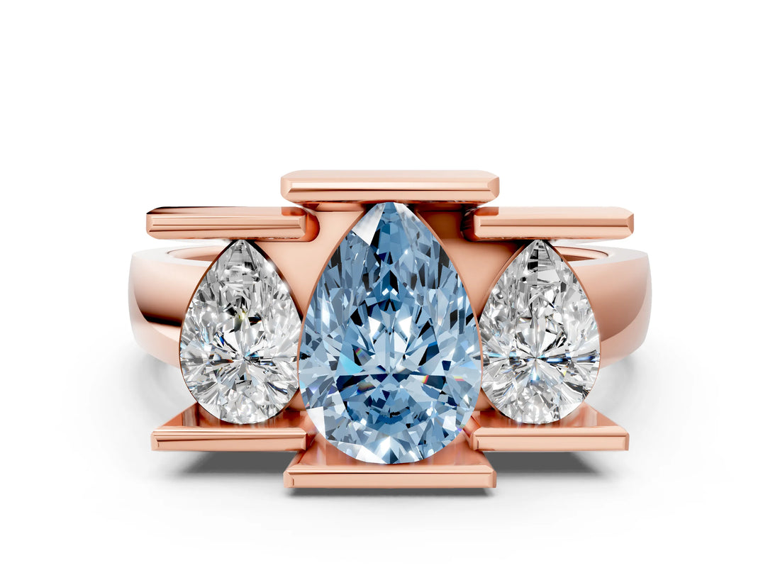 Rose gold Three Stone Fancy Blue Pear Cut Cut Channel Set Diamond Ring
