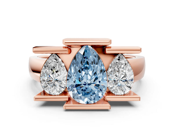Rose gold Three Stone Fancy Blue Pear Cut Cut Channel Set Diamond Ring