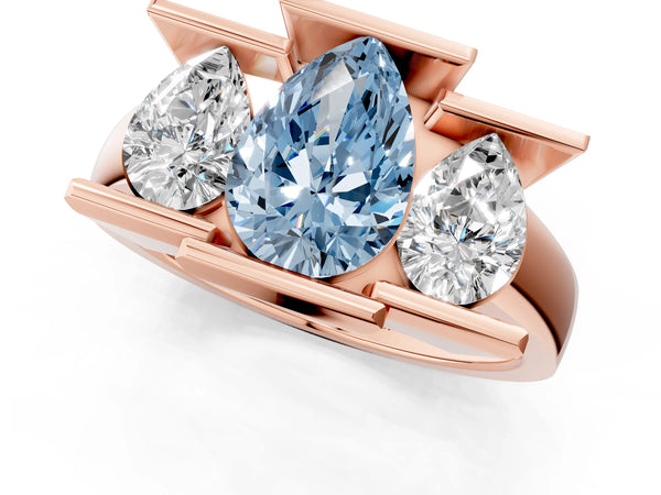 Rose gold Three Stone Fancy Blue Pear Cut Cut Channel Set Diamond Ring