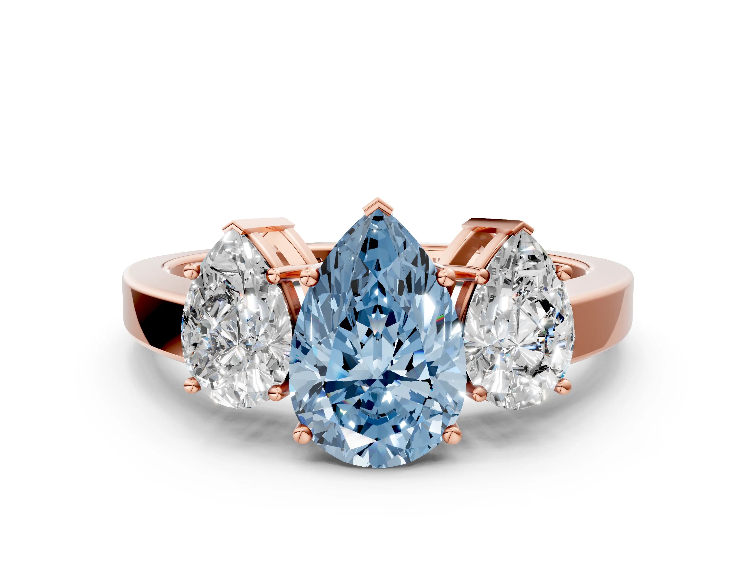 Rose gold Three-Stone Fancy Blue Pear Cut Cut Diamond Engagement Ring with Flat Band and Four-Prong Setting